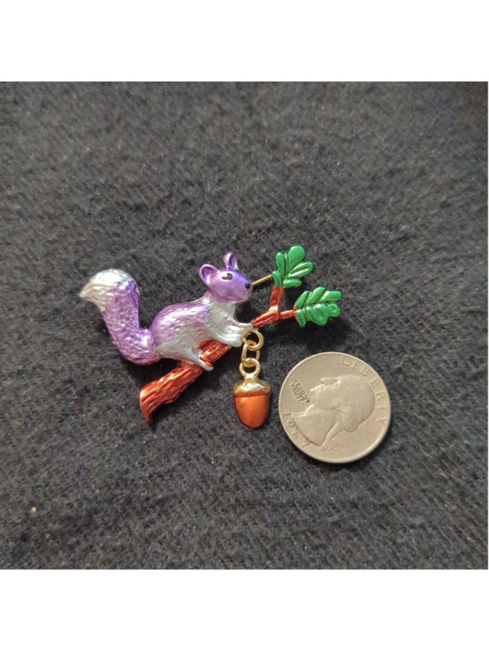 Gold Tone Purple Squirrel on Branch with Acorn Dangle Statement Brooch Pin - Picture 2 of 4